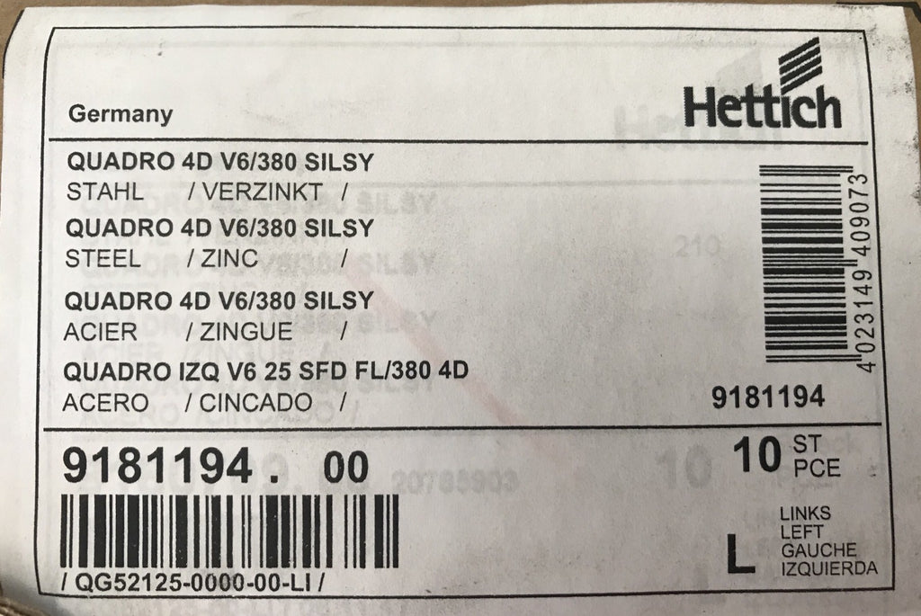 Hettich 9181194.00 Quadro 4D V6/380 SILSY Silent System Drawer Slides 32pcs NEW