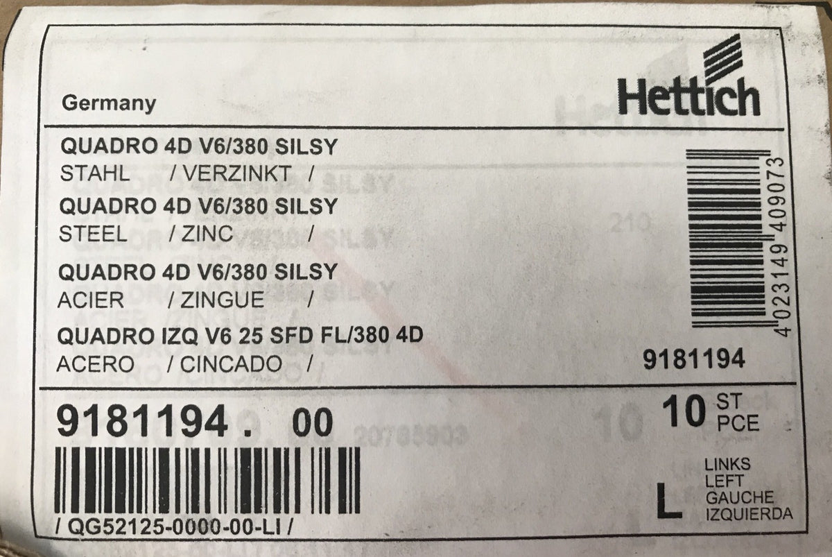 Hettich 9181194.00 Quadro 4D V6/380 SILSY Silent System Drawer Slides 32pcs NEW