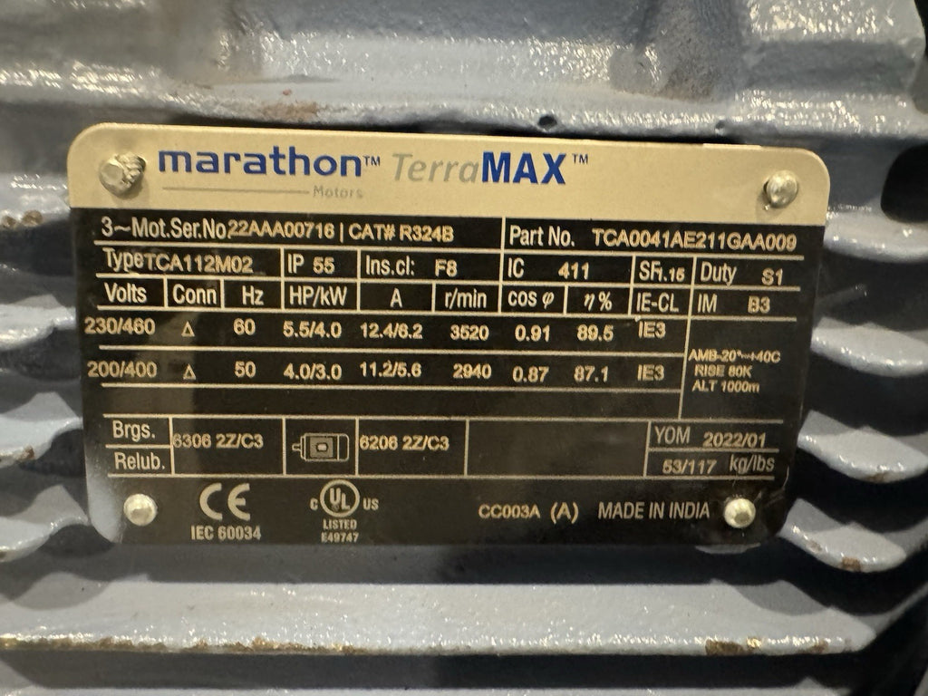 Marathon R324B Motor 5.5HP IP55 4Kw 3600 RPM TCA112M02 NEW! TCA0041AE211GAA009