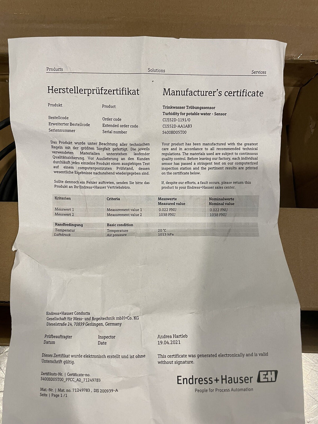 Endress+Hauser CUS52D-AA1AB3 Turbimax Tubidity Sensor 71236735 NEW FREE SHIPPING