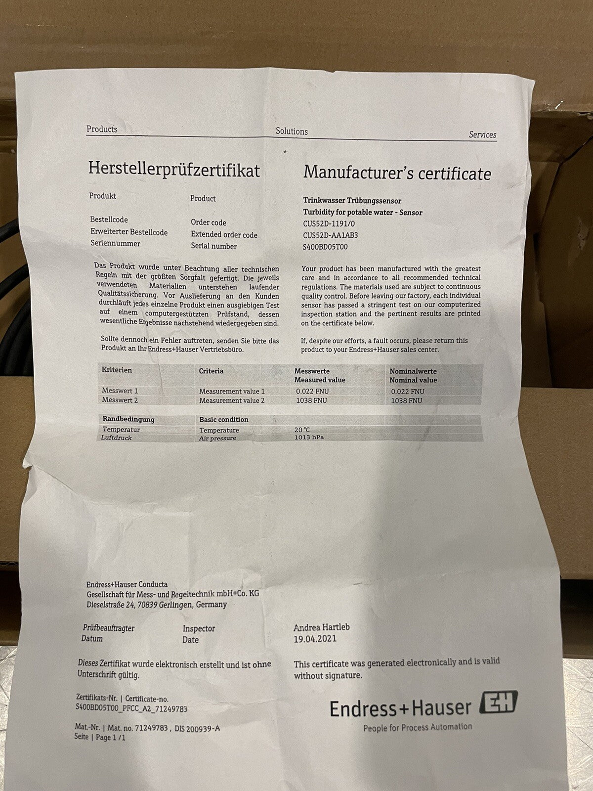 Endress+Hauser CUS52D-AA1AB3 Turbimax Tubidity Sensor 71236735 NEW FREE SHIPPING
