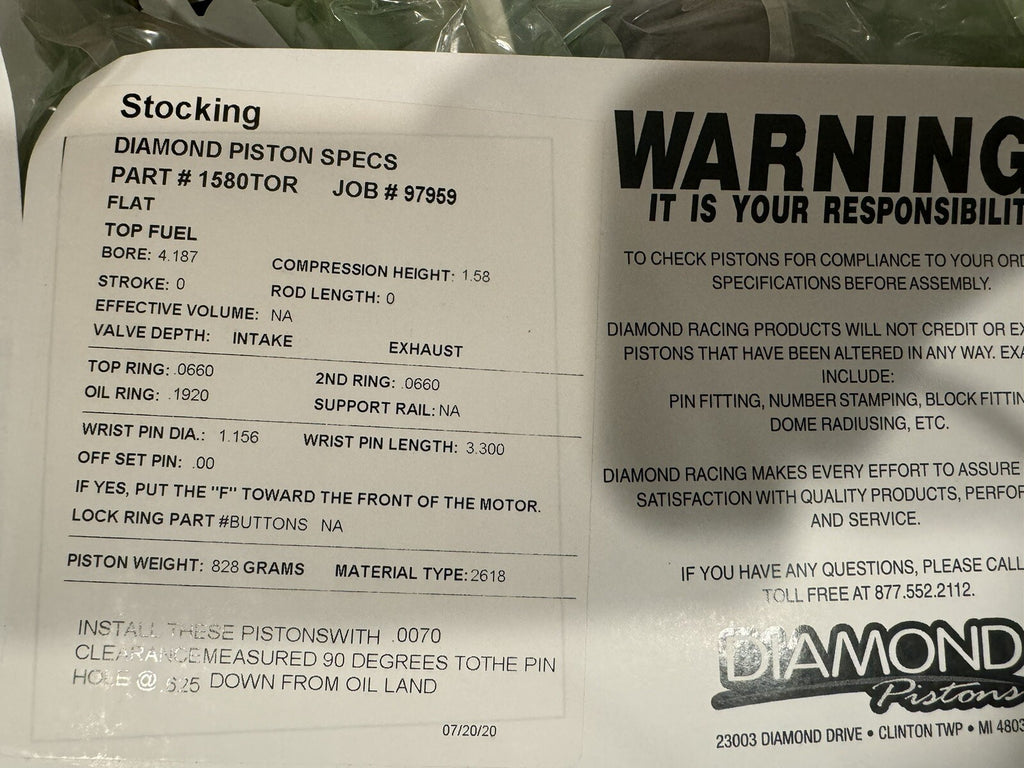 Diamond Pistons 1580TOR Bore 4.187 Comp. Height 1.58 NEW IN BOX! FREE SHIPPING!