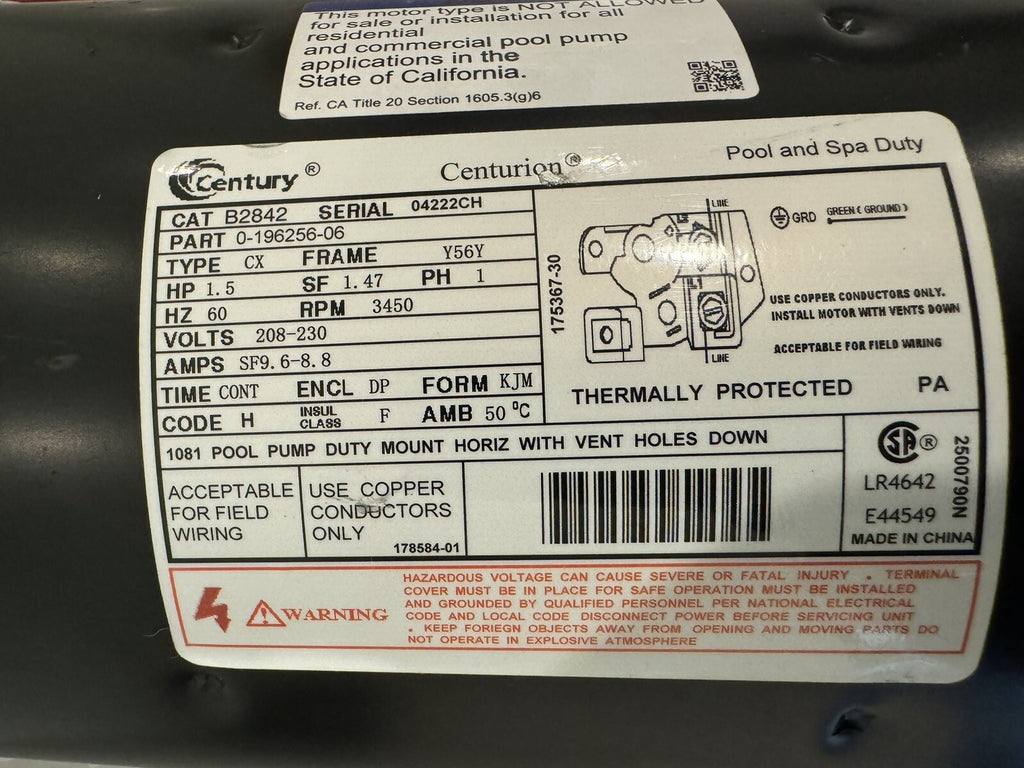 Century B2842 Square Flange Pool Motor 1.5 HP 208-230V NEW! FREE SHIPPING!