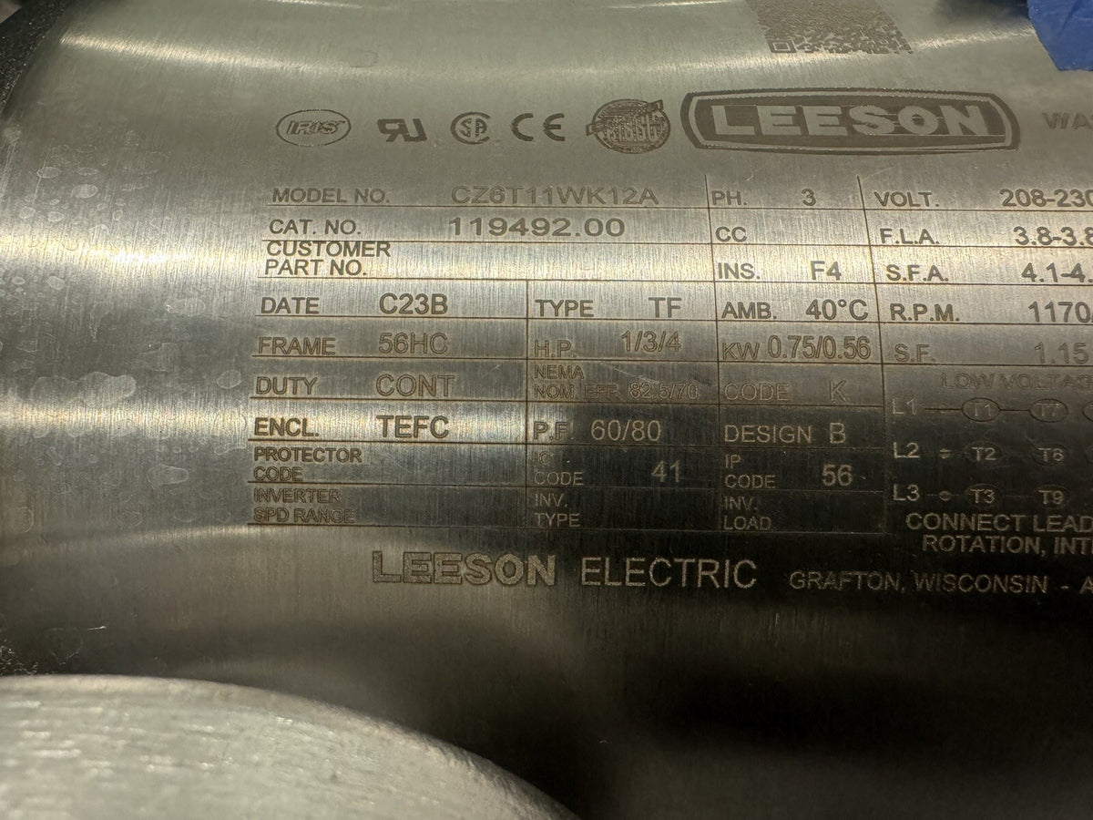 Leeson 119492.00 Washdown Duty Motor Stainless NEW IN BOX! FREE SHIPPING!