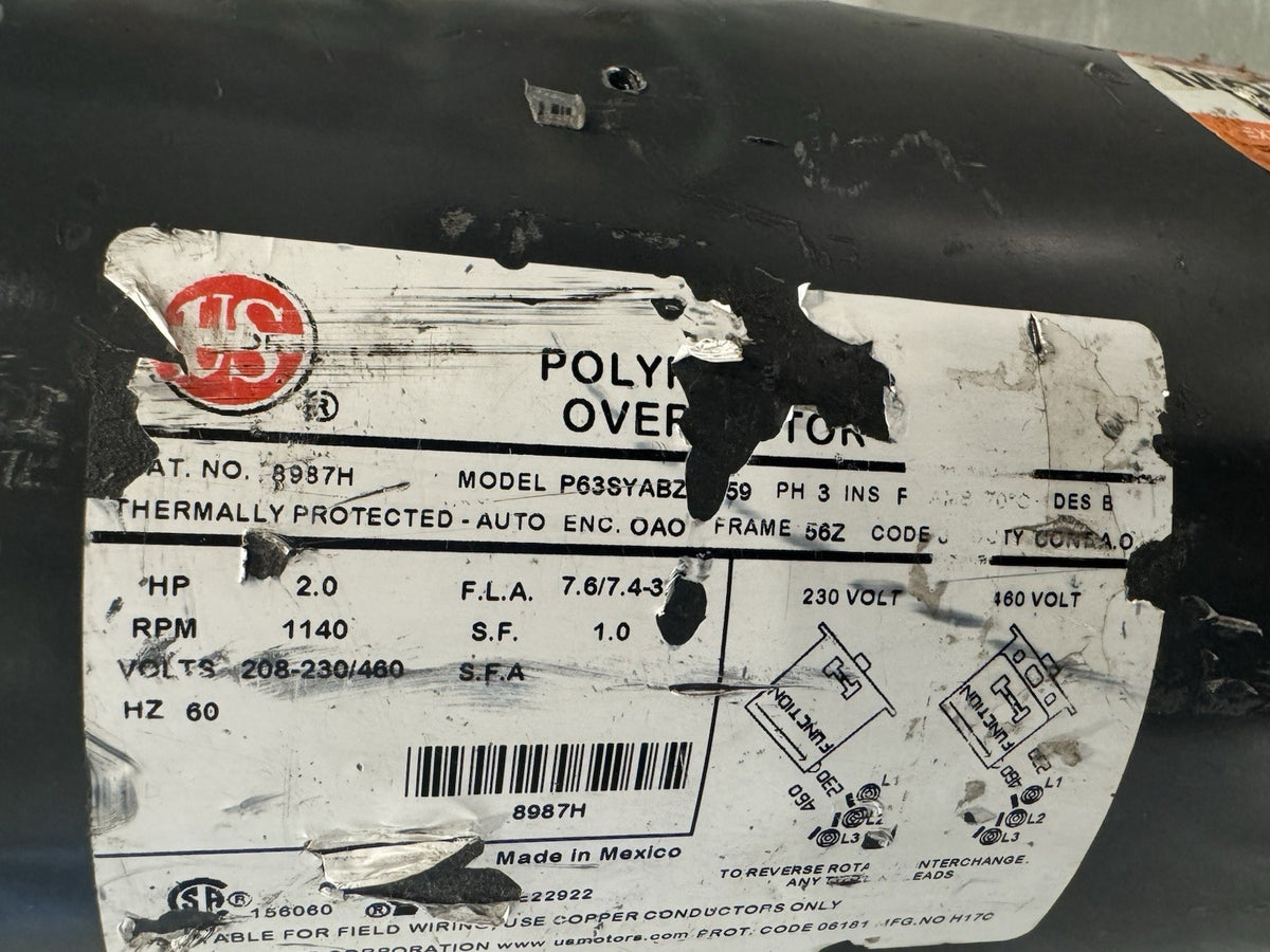 US Motors 8987H Polyphase Air Over Motor 2HP 1140 RPM 208-230/460V NEW!