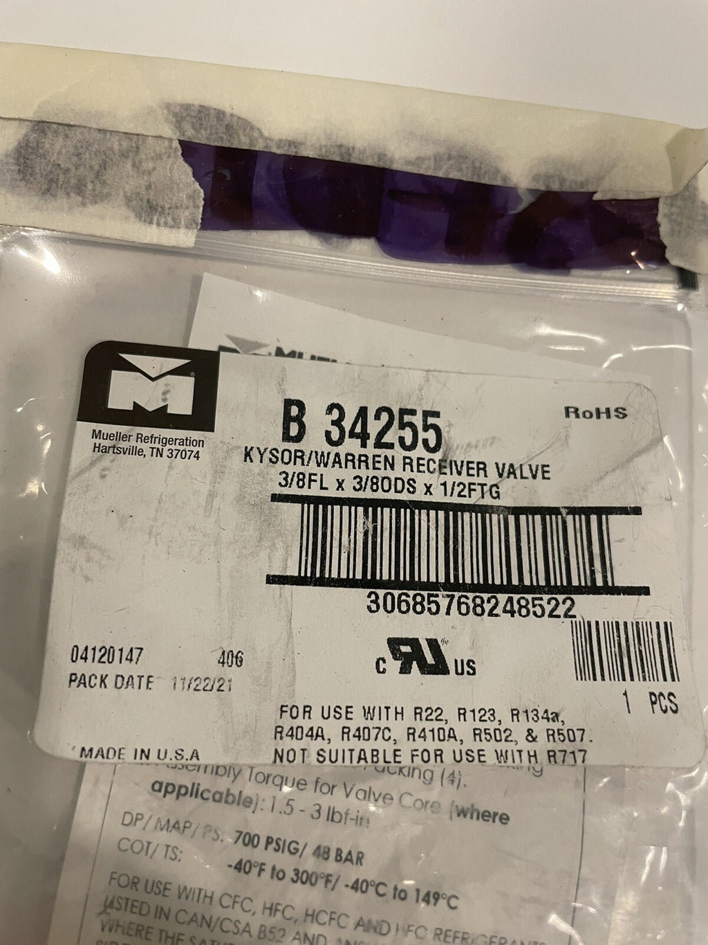 Mueller B 34255 Receiver Valve 3/8FL x 3/8ODS x 1/2FTG B34255 NEW!
