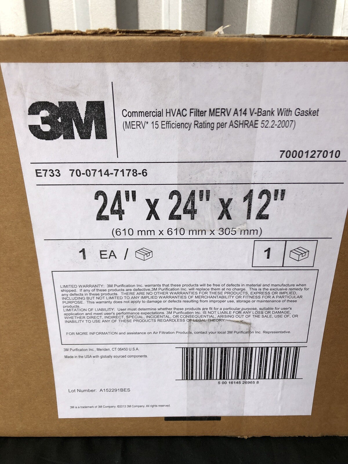 3M E733 V-Bank Commercial HVAC Filter 19F678 MERV A14 24X24X12 NEW!!!!