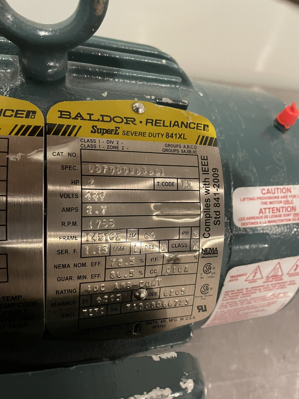 Baldor 05F959W836G1 Motor 841XL Super Duty 2HP 460V 2.7A 1755 RPM 145TCZ Frame