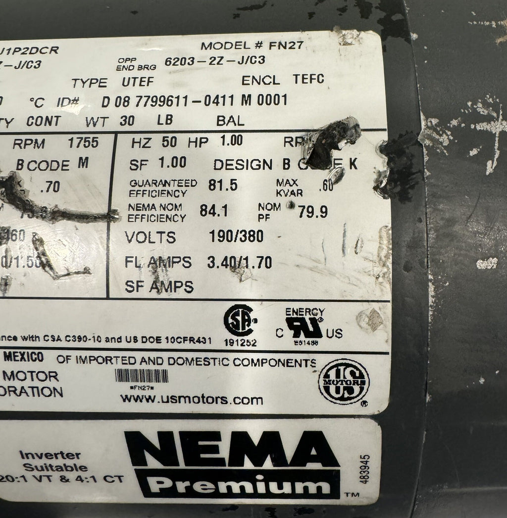 US Motor U1P2DCR NEMA 1HP 1755 RPM 208-230/460V FN27 NEW! FREE SHIPPING!