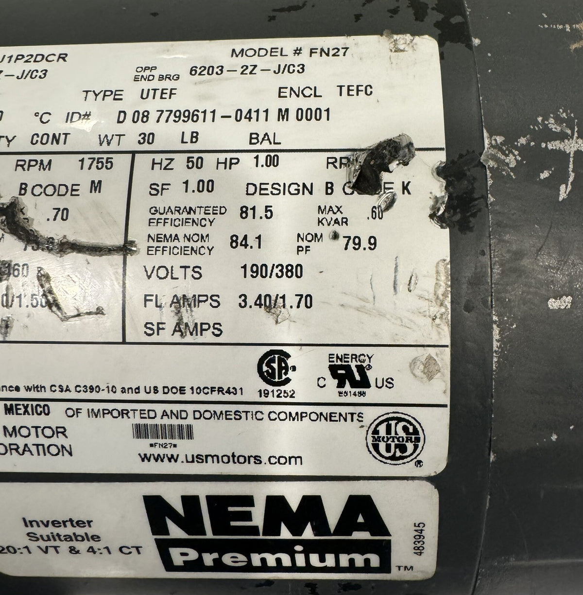 US Motor U1P2DCR NEMA 1HP 1755 RPM 208-230/460V FN27 NEW! FREE SHIPPING!