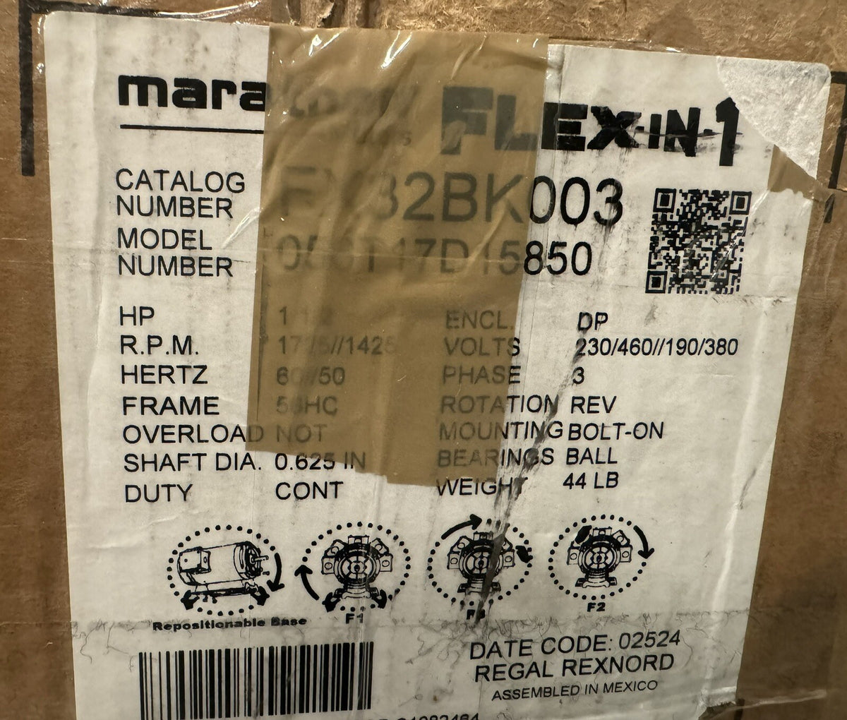 Marathon FX32BK003 Motor 1.5 HP 1725/ 1425 RPM Dripproof 56T17D15850A NEW IN BOX