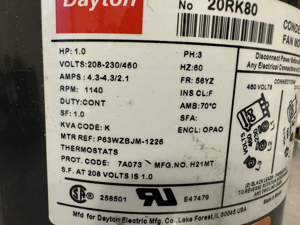 Dayton 20RK80 Condenser Fan Motor 1HP 208-230/460V 1140 RPM NEW! FREE SHIPPING!