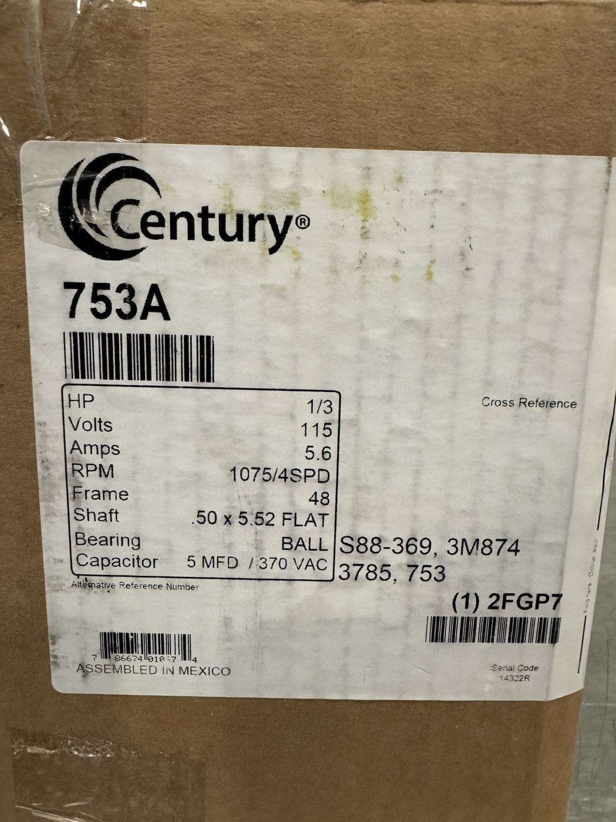 Century 753A Motor 1/3 HP 115V 5.6A RPM 1075/4SPD NEW! FREE SHIPPING!