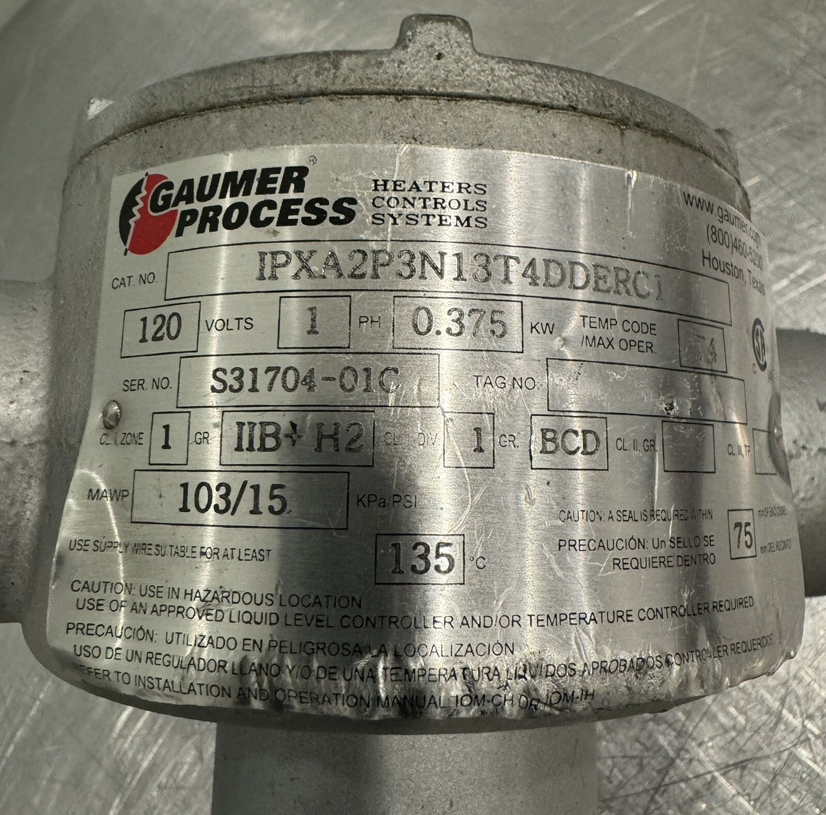 Gaumer Process 120V 1PH 0.375Kw T4 Immersion Heater IPXA2P3N13T4DDERC1 NEW!