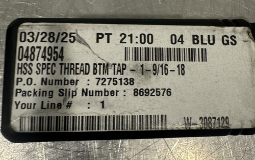 04874954 Straight Flute Tap 1-9/16-18 Bottoming Chamfer 4874954 NEW! SHIPS FREE!