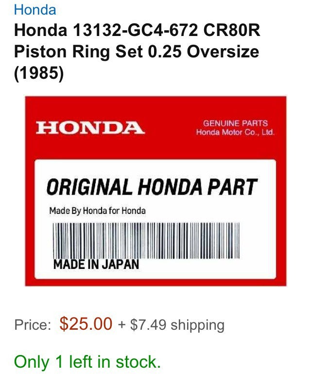 Genuine Honda Part CR80R Piston Ring Set 0.25 Oversize Part#13132-GC4-672