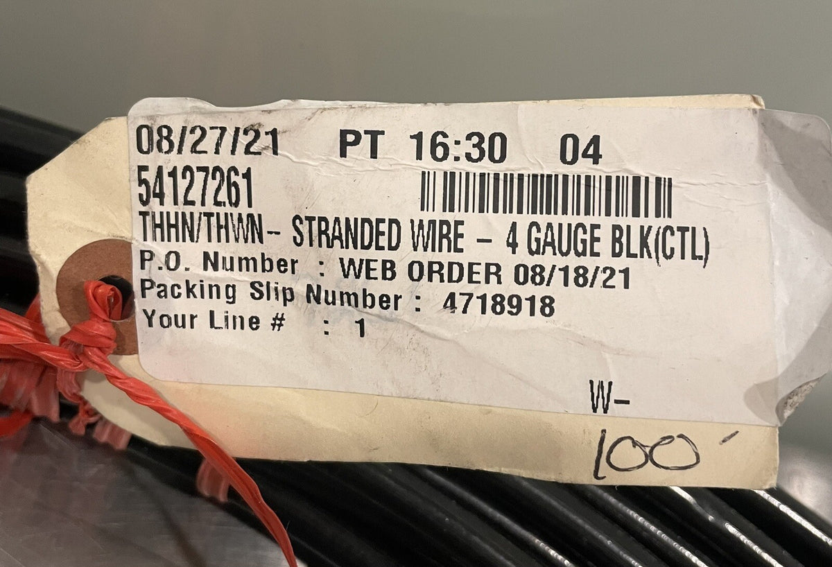 54127261 Stranded Wire 4 Gauge Black THHN/THWN 100’ NEW FREE SHIPPING!