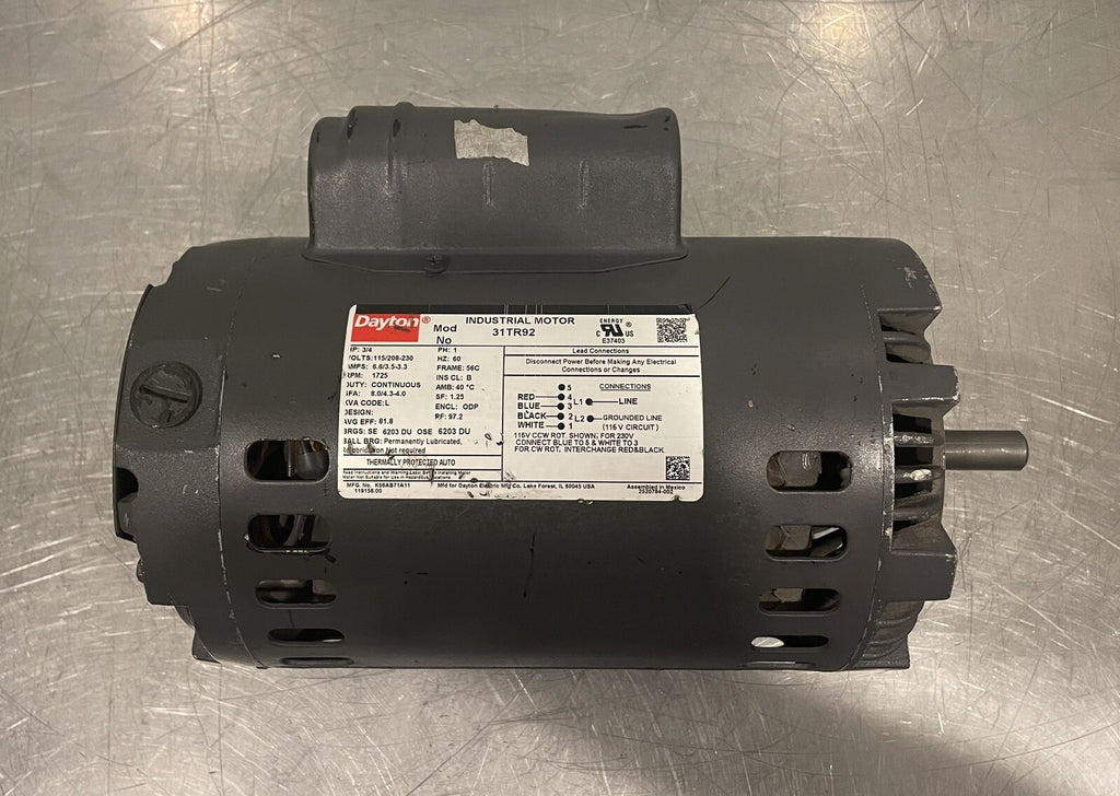 Dayton 31TR92 Motor 3/4HP 115/208-230V 1725 RPM 1PH Continuous NEW!