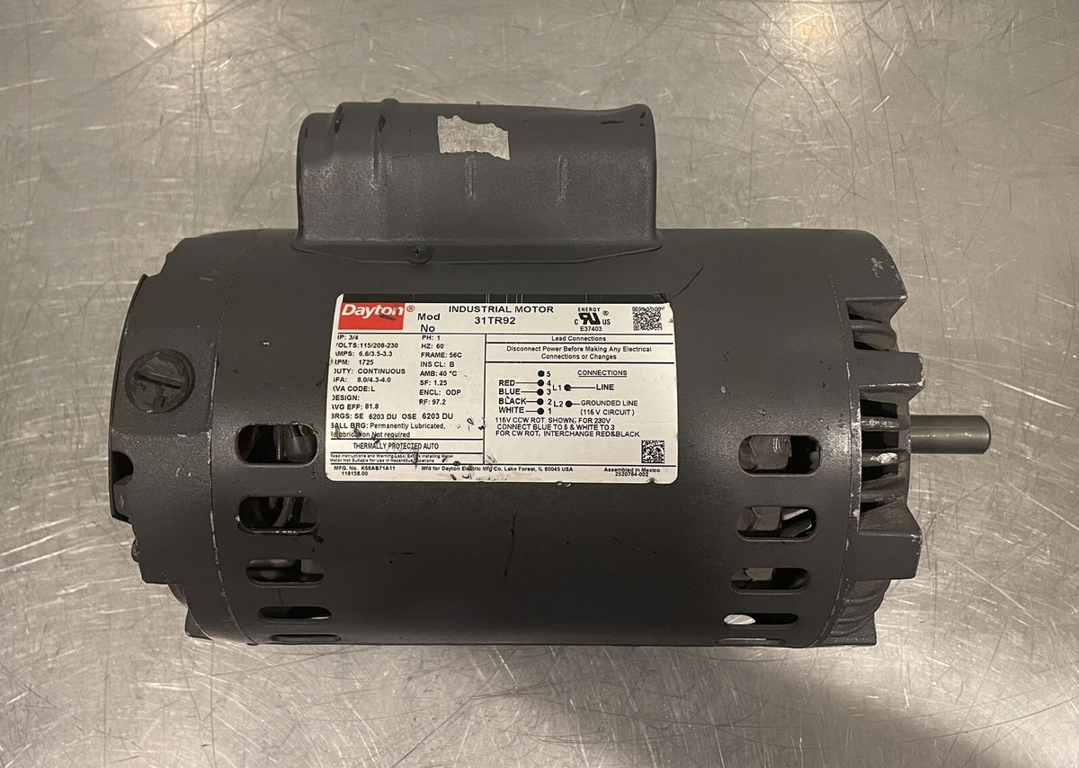 Dayton 31TR92 Motor 3/4HP 115/208-230V 1725 RPM 1PH Continuous NEW!