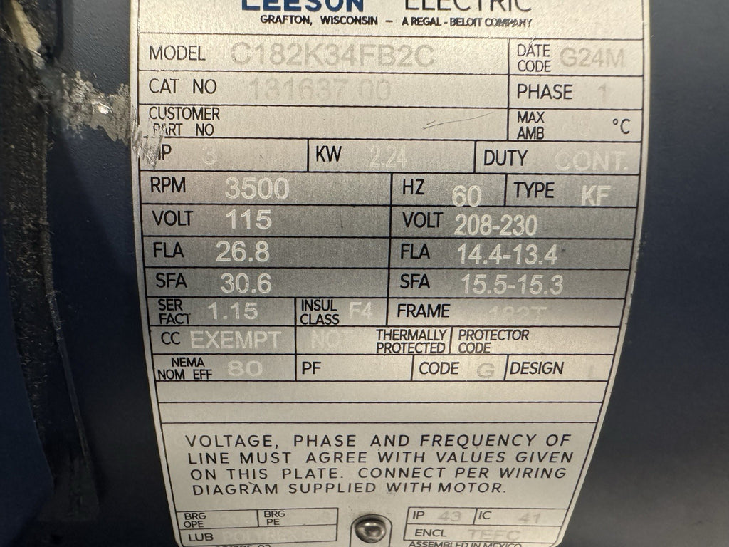 Leeson 131637.00 Motor 3HP 115/208-230V 3500 RPM 1PH NEW! FREE SHIPPING!