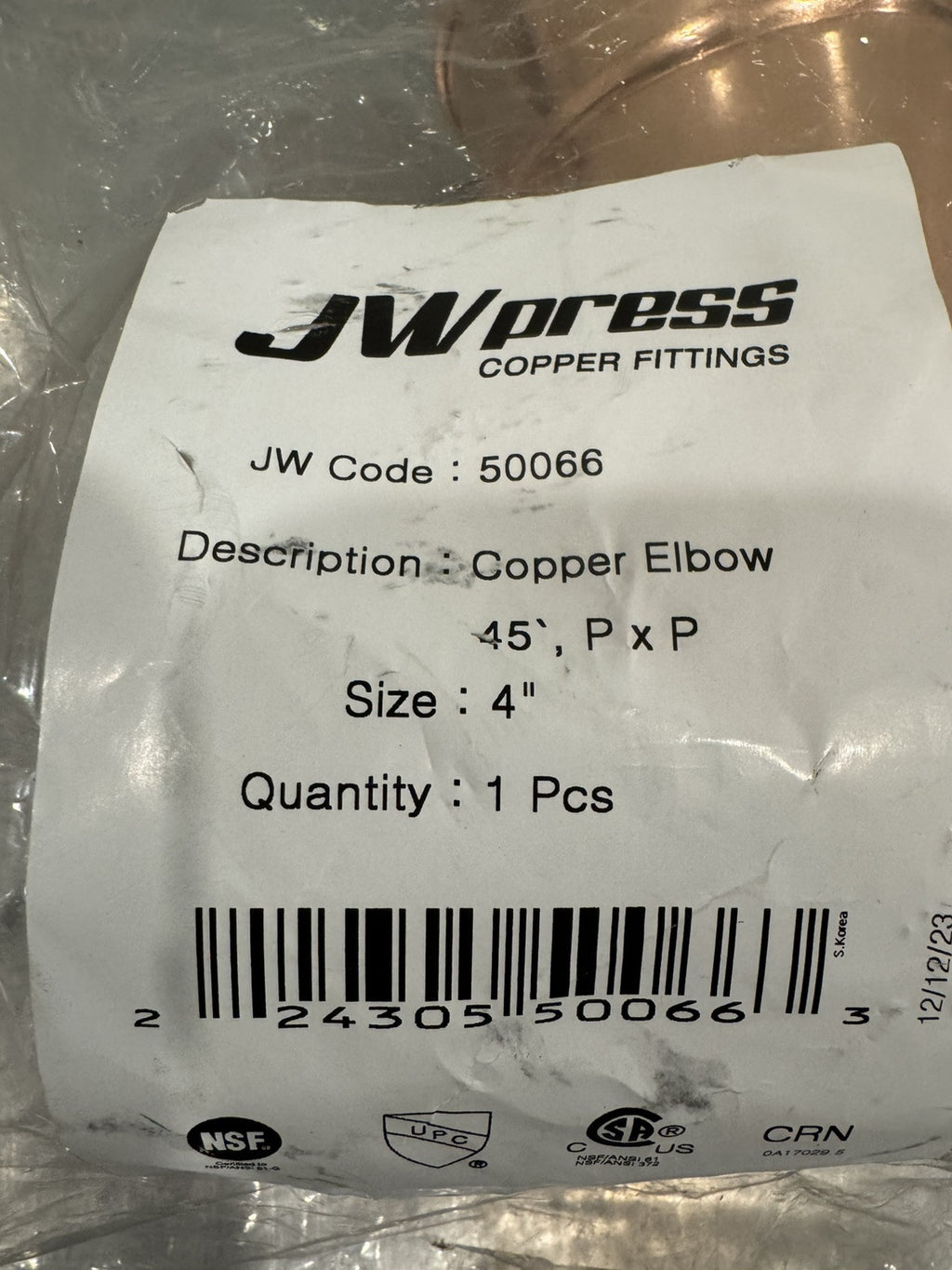 JW PRESS 50066 Copper Press Elbow 45 Degree 4” BRAND NEW! FREE SHIPPING!