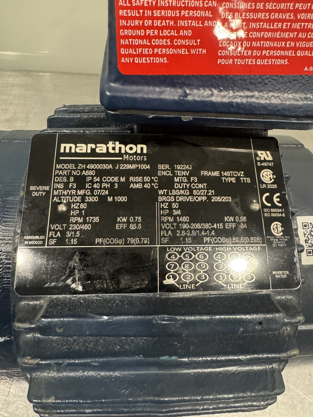 Marathon A680 Blower Motor 145TCVZ 4900030 NEW! FREE SHIPPING!