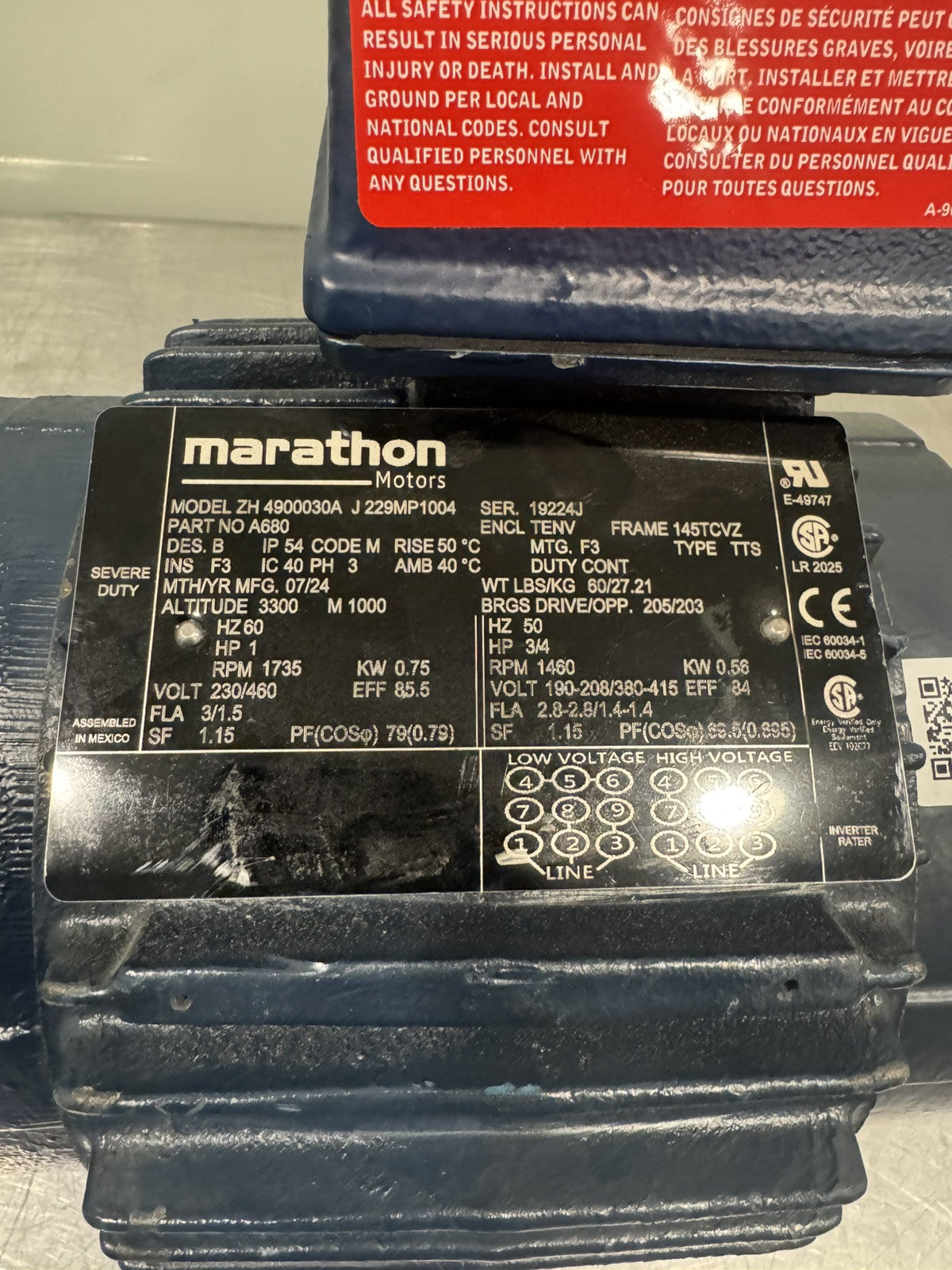 Marathon A680 Blower Motor 145TCVZ 4900030 NEW! FREE SHIPPING!