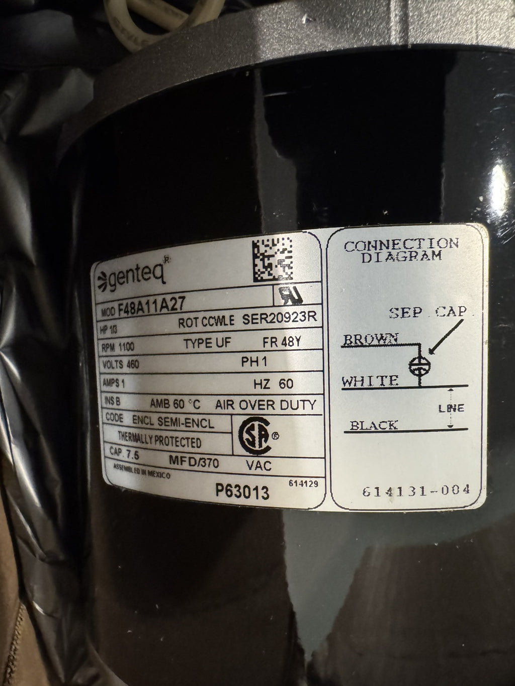 Genteq F48A11A27 Motor 1/3HP 460V 1100 RPM NEW! FREE SHIPPING!