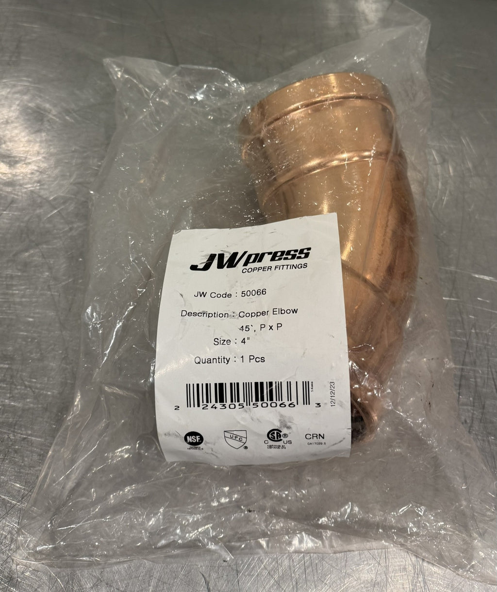 JW PRESS 50066 Copper Press Elbow 45 Degree 4” BRAND NEW! FREE SHIPPING!