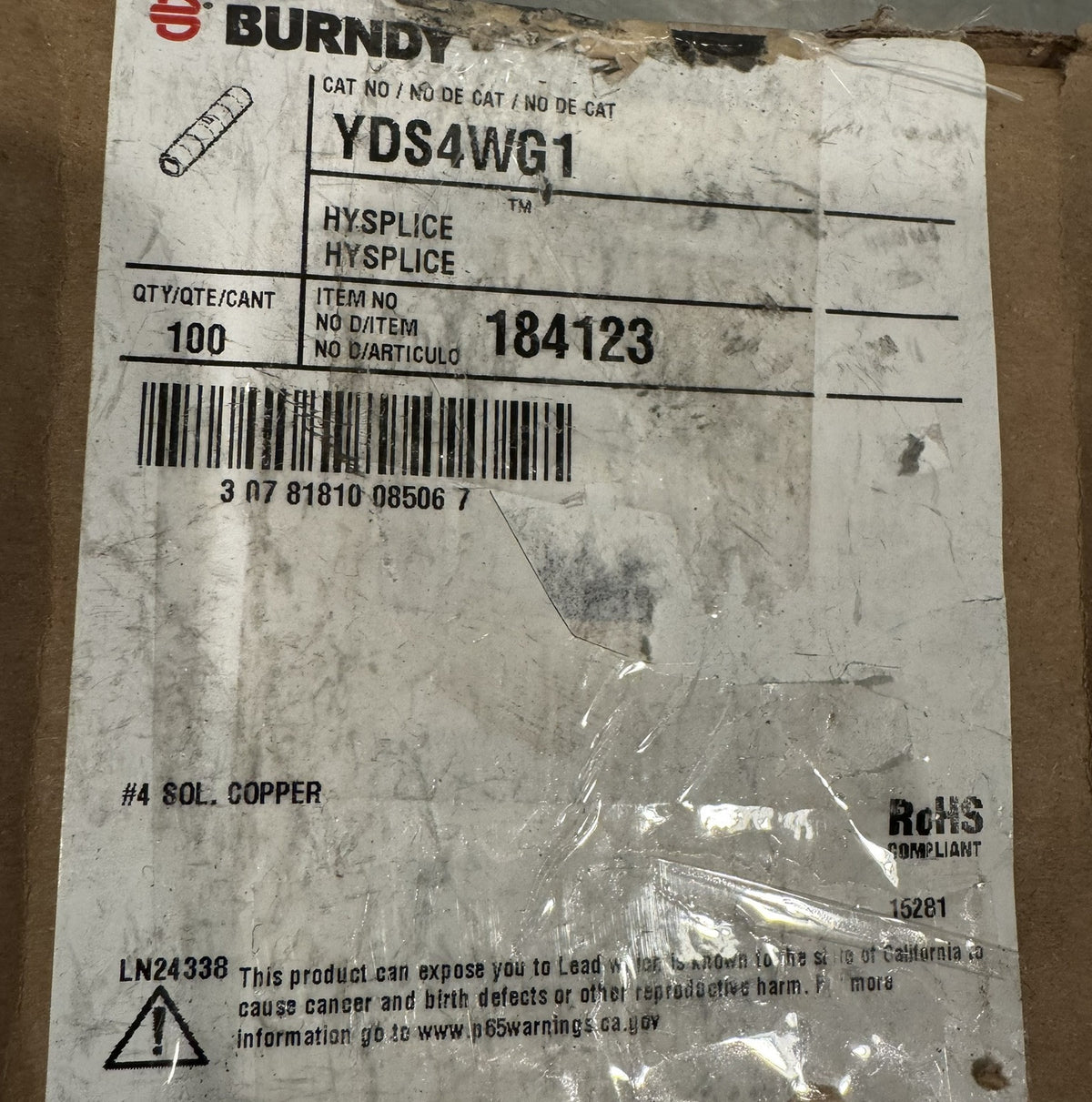 Burndy YDS4WG1 Compression Splice Copper 100 PACK NEW IN BOX! FREE SHIPPING!
