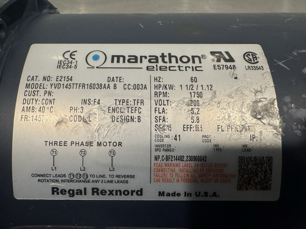 Marathon E2154 Motor 1.5HP 1750 RPM 200V 145TTFR16038AA NEW! FREE SHIPPING!