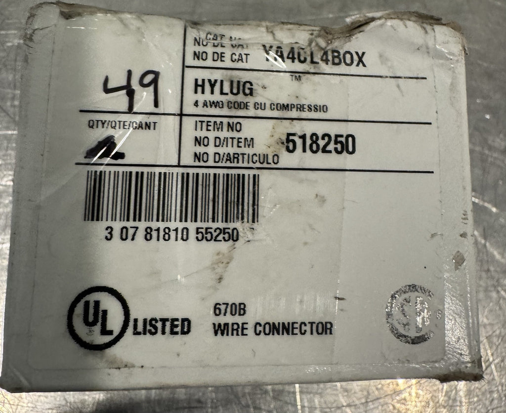 Burndy YA4CL4BOX Hylug 4 AWG CU Compression 518250 PACK OF 49 NEW IN BOX!