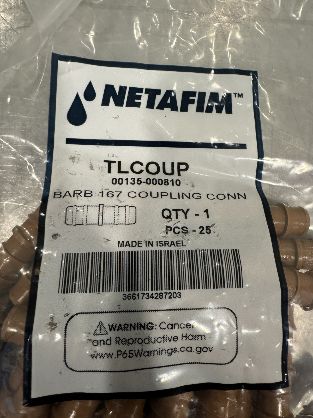 Netafim 00135-000810 Barbed Coupling Irrigation 500 PACK NEW! FREE SHIPPING!