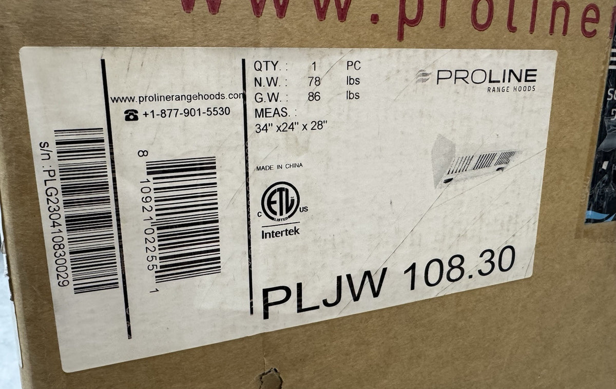 Pro Line PLJW 108.30 Under Cabinet Range Hood 30” 1000 CFM Stainless NEW! 