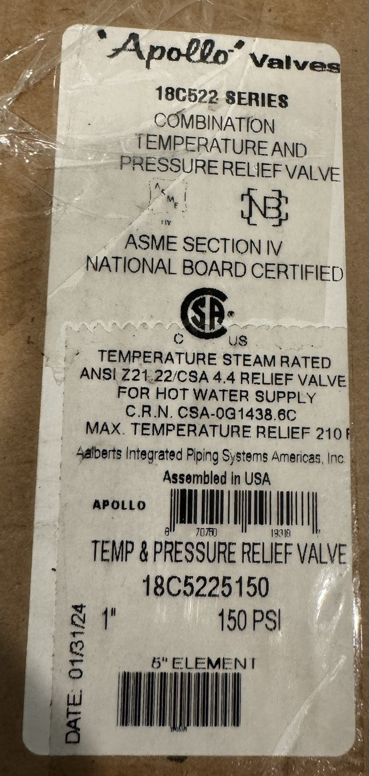 Apollo 18C5225150 1” Combo Temp & Pressure Relief Valve 18C522 NEW IN BOX!