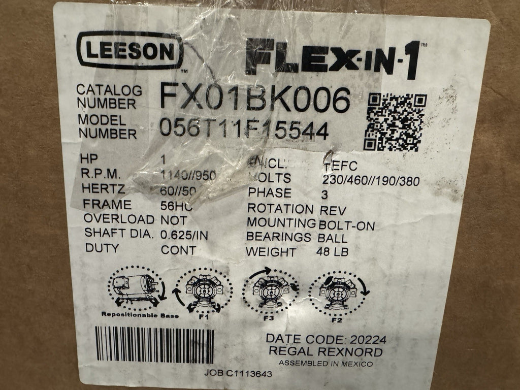 Leeson FX01BK006 Motor 1HP 1140/950 RPM 3PH NEW IN BOX! FREE SHIPPING!